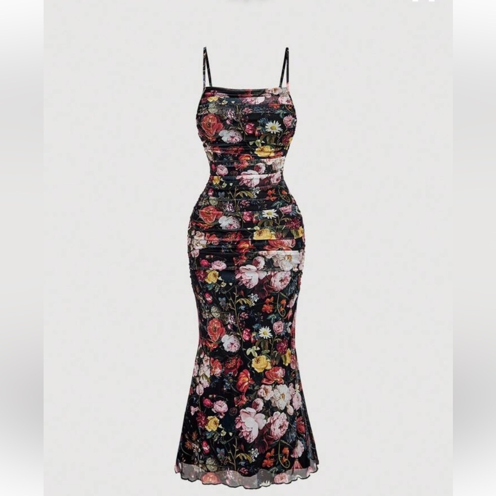 Black Floral Spaghetti-Strap Maxi Dress